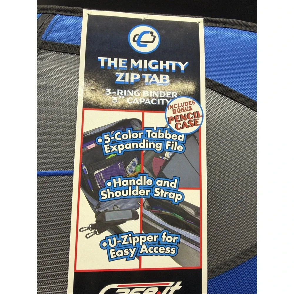 Case•it D-142 Mighty Zip Tab 3-Ring Binder Blue, 5-Color File, Handle, Strap